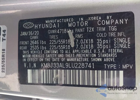 2020 Hyundai Tucson Sel z USA, uszkodzony, nr VIN KM8J33AL9LU228741